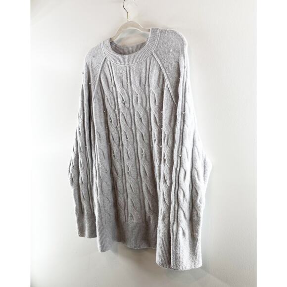Aerie unReal Crewneck Long Sleeve Cable Pearl Detail Sweater Gray Large - Picture 10 of 10